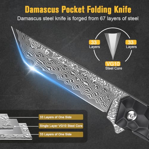 AUBEY Damascus Pocket Knife with Aluminum Alloy Handle C-Handle DMWS1