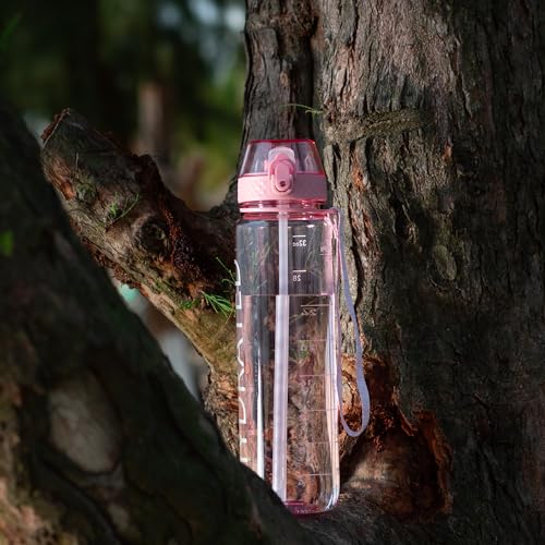 Cherry Blossom Pink 32oz Water Bottle with Straw & Time Marker - Leakproof BPA-Free Sports Bottle