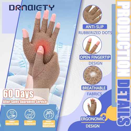 DRNAIETY Arthritis Compression Gloves- for Men & Women Hand Pain, Anti-Slip Fingerless Gloves for Typing Daily Work (M, Khaki)