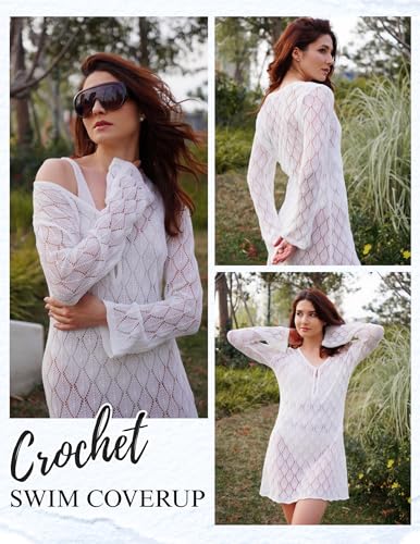 Women's Crochet Beach Cover Up with Long Sleeves - White, Small - Summer Vacation Style