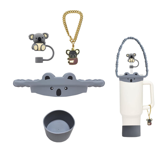 4Pcs Cup Accessories Set for Stanley Cup 30oz & 40oz Tumbler with Handle, Including Silicone Water Bottle Handle Strap, Cute Animal Straw Toppers Cap, Bottom Boot, Cute Stanley Charms (Grey-Koala)