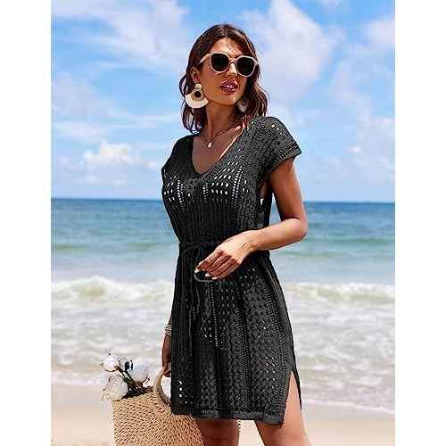 AI'MAGE Women's Crochet Cover Up Hollow Out Swimsuit Coverup V Neck Beachwear with Drawstring S-3XL