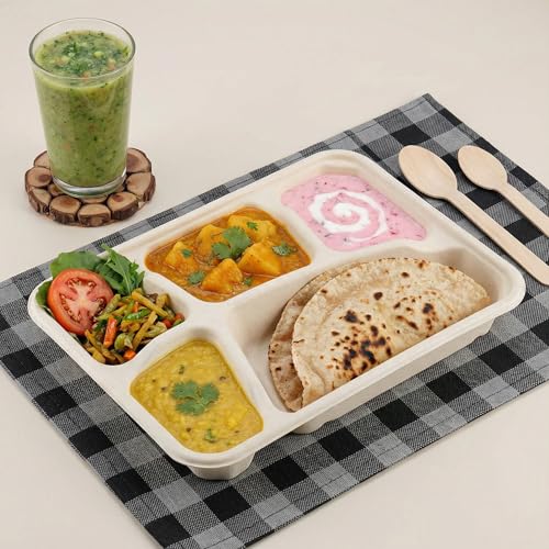 50 Pack 5-Compartment Disposable Paper Plates - Compostable Lunch Trays for Parties & Picnics