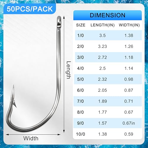 50pcs Saltwater Fishing Hooks - Forged Long Shank J Hooks Size 1/0-10/0, Extra Strong