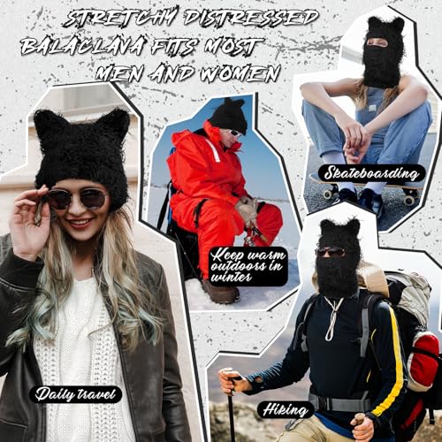 Newcotte Black Distressed Balaclava Ski Mask with Cat Ear Knitted Beanie Y2k Full Face Mask Furry Cap Windproof Winter Hat Neck Warmer for Men Women