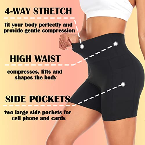 FULLSOFT 4 Pack High Waist Biker Shorts for Women with Pockets - Black XL