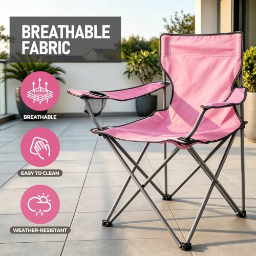 Pink Camping Chair with Cup Holder - Portable Folding Lawn Chair Supports 330LBS