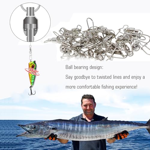Size 1+1 (40lb) 50 pcs Stainless Steel Duo Lock Fishing Snap Swivels Saltwater & Freshwater Tackle