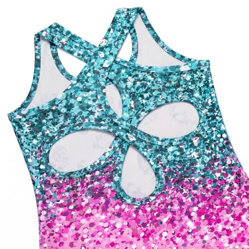 Girls Gymnastics Leotard with Sparkly Shorts and Hollow Back – 4-5T Green Pink