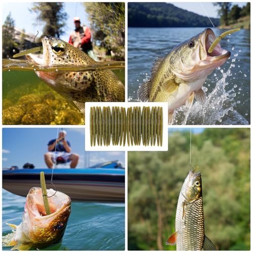 5 Inch Senko Soft Stick Worms for Bass Fishing - Green Pumpkin Black Flake, 24 Pieces
