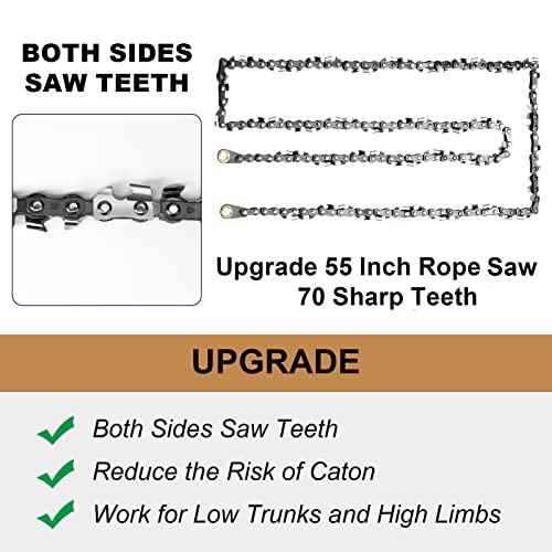 Upgrade 55 Inch Rope Saw for Tree Limbs with 70 Sharp Teeth & 46 Feet Ropes Kit