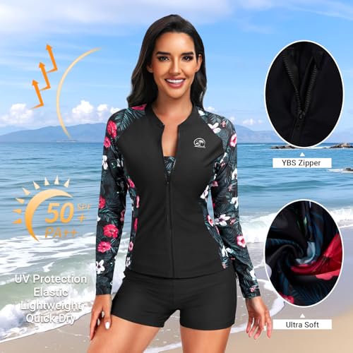 Women's 3 Piece Rash Guard Set Large Black Floral Swimwear