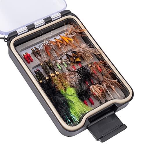 Fly Fishing Flies Kit - Assorted Dry, Wet, Nymphs & Streamers with Waterproof Box - Various