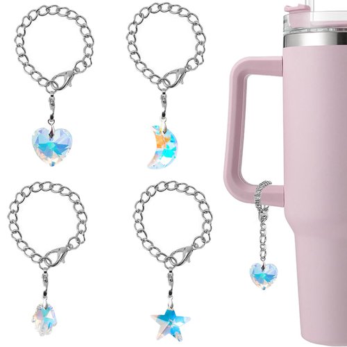 ESWEUOOM Silver Moon and Star Heart Love Charms for Stanley Cup, Diamond Accessories for 40 oz 30 oz, Cute Women Bling Tumbler Charms, 4 Pack Water Pendant for Handle Chain (Heart)