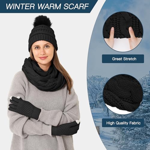 4pcs Winter Beanie Hat Scarf Touch Screen Gloves Warm Knit Socks Set for Women Knit Hat with Faux Fur Ball Scarves Glove