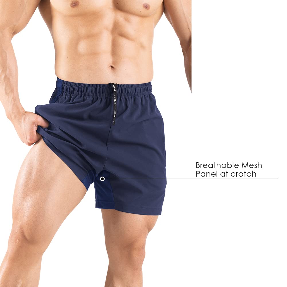 Gaglg Men's 5" Running Shorts 2 Pack Quick Dry Athletic Workout Gym Shorts with Zipper Pockets Navy/Green,Small
