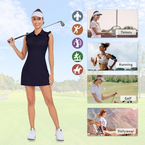 WOWENY Tennis Dress Polo with Buttons and Pockets - Medium Navy Sleeveless Athletic Workout Dress