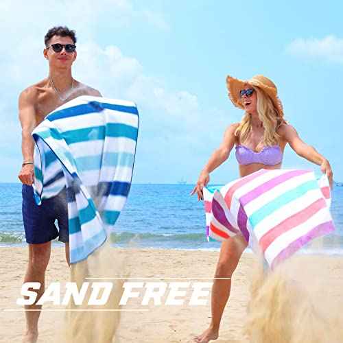 Exclusivo Mezcla Large Quick Dry Beach Towel, Microfiber Sandfree Cabana Stripe Pool Bath Swim Towel with Bag, Lightweight and Thin (Blue, 30x60 Inches)