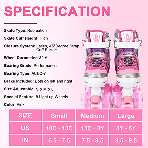 Pink Adjustable Roller Skates for Girls and Women, All 8 Illuminating Wheels, Large (3-6 US)