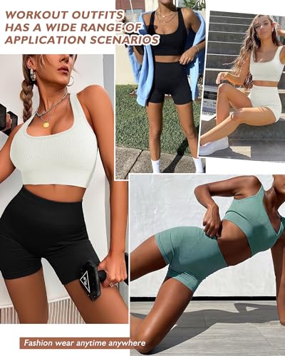Seamless Ribbed High Waist Workout Set for Women Summer with Sports Bra - Beige / Medium