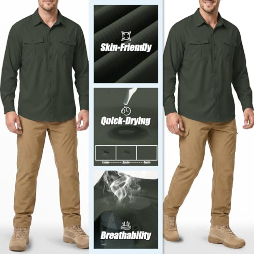 Men Sun Protection Safari Fishing Shirts Long Sleeve UPF50+ UV Lightweight Quick Dry Hiking Travel Army Green X-Large