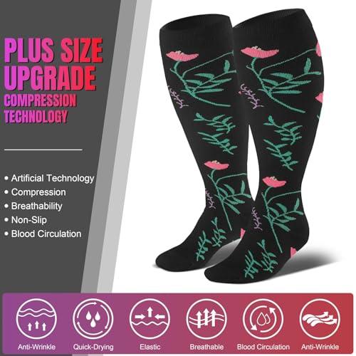 Plus Size Compression Socks for Women & Men - 20-30 mmHg Wide Calf Support - Grey Pink Flower 3X-Large 4 Pack