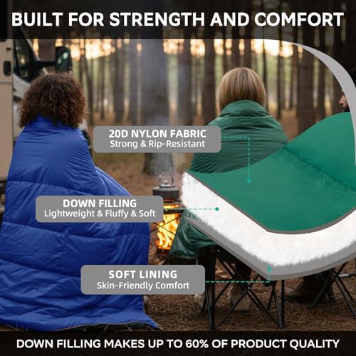 Down Camping Blanket - Lightweight Packable Outdoor Warm Blanket - Green/Brown
