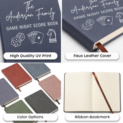 Personalized Game Night Score Book with Family Name - Faux Leather A5 Notebook for Board Games Lovers - Customizable, Compact, Perfect Gift