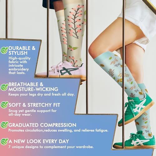 Compression Socks for Women & Men 20-30mmHg Knee High Support Socks Large-X-Large Pink Flower
