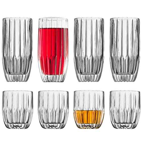 Godinger Drinking Glasses Set - 8pc Barware Set, Highball & Whiskey Glasses - 4 Highballs (12oz) and 4 Whiskey Glasses (10oz)