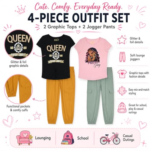 Girls Jogger Pants Set with Glitter & Foil Graphic Fleece Lounge Pants - 4 Pack