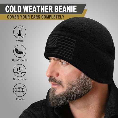 American Flag Fleece Watch Cap, Winter Warm Fleece Beanie, USA Army Military Tactical Beanie Hat