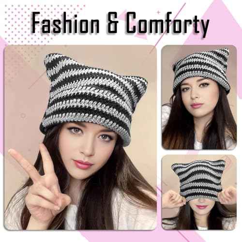Y2K Beanie for Women Crochet Hat with Cat Ear Cute Fox Hat Vintage Grunge Accessories Knit Cap Slouchy Beanie