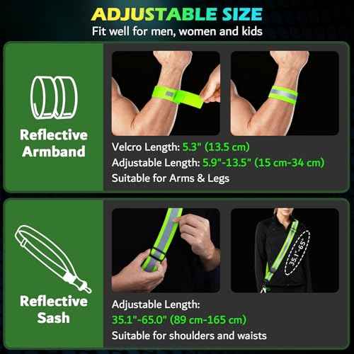 Reflective Walking Gear at Night, High Visibility Safety Reflective Sash Belt and 2-Pack Armband Set, Night Running Safety Gear for Women Men Kids, Green