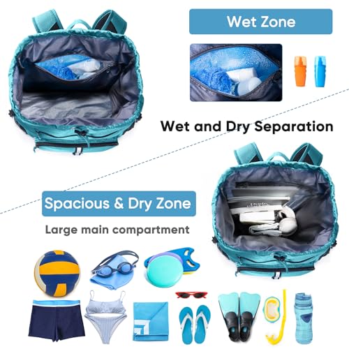 Large Beach Backpack with Shoe Compartment & Detachable Mesh Bag - Teal