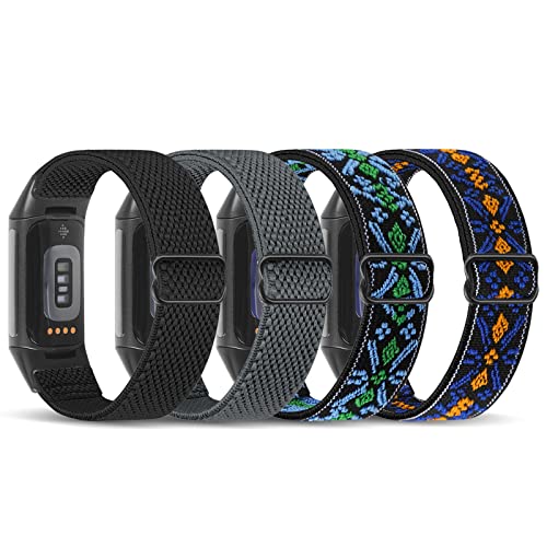 enkic Elastic Nylon Fitness Bands Compatible with Fitbit Charge 5/6 4 Pack Black Gray Blue Orange