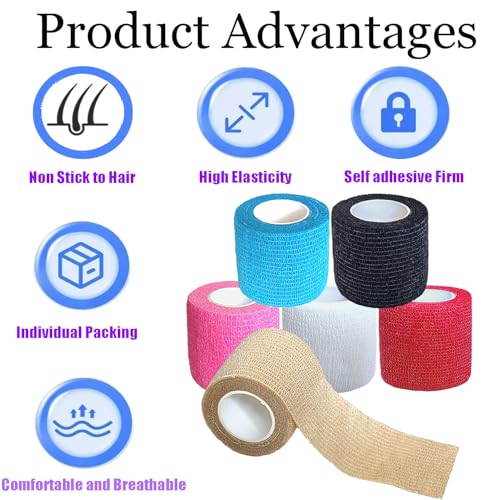 6 Pack 2 Inches Self Adhesive Bandage Wrap Vet Wrap for Pets, Stretch Self Adherent Tape Cohesive Wrap for Athletic, Sports, Wrist and Ankle(Multi Colors)