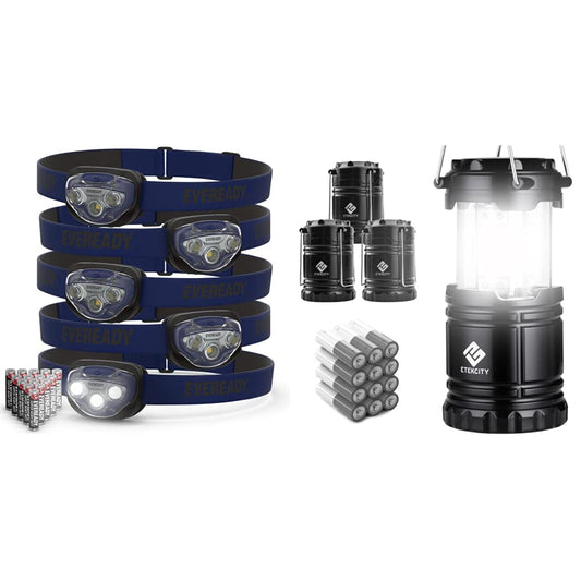 Eveready LED Headlamps Pro200 [5-Pack], IPX4 Water Resistant, Bright and Durable Head Lights & Etekcity Camping Lantern Battery Powered LED for Accessories Gear Supplies Tent Lights, Lanterns, 4 Pack