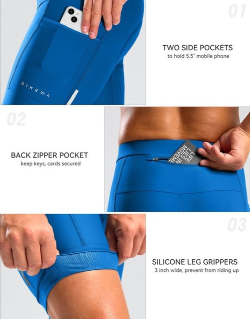 Bikewa Men's Bike Shorts 4D Padded Cycling Shorts for Men Road Riding Biking Bicycle Zipper Pockets(Blue,L)