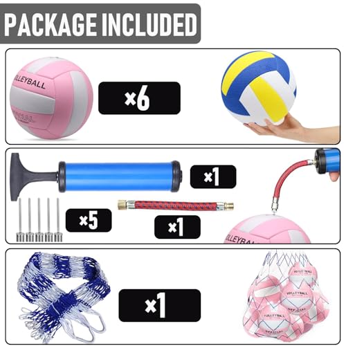 Pink Official Size 5 Synthetic Leather Volleyballs 6 Pack with Pump & Mesh Bag