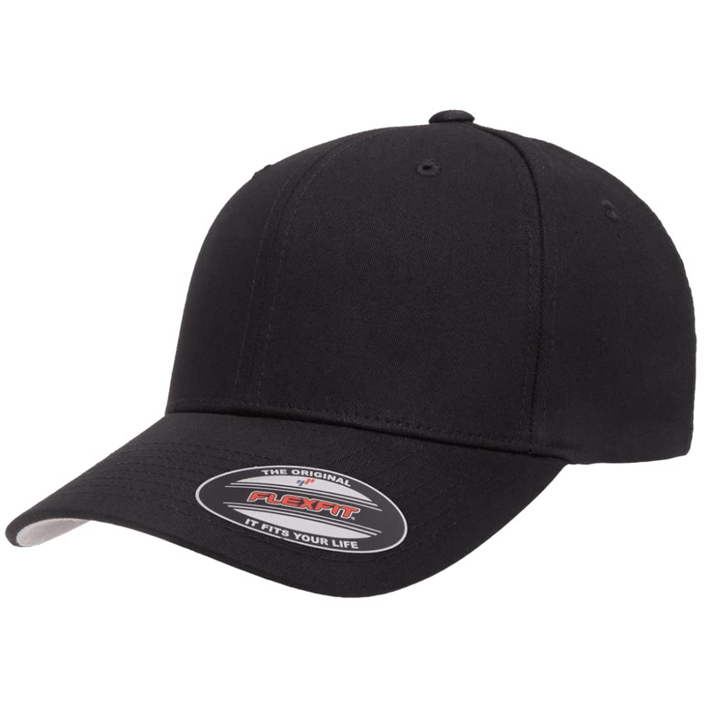The Hat Pros Flexfit 5001 Standard Cotton Twill Structured 6-Panel Fitted Baseball Cap with Permacurv Visor (Black, L/XL)