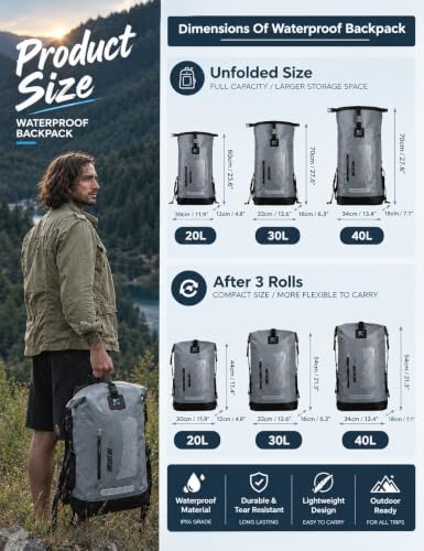 IDRYBAG Waterproof Dry Backpack 30L Gray for Kayak & Outdoor Adventures