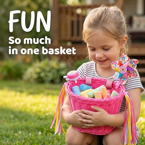 Pink Kids Bicycle Basket Set with Bell, Stickers, Windmill & Tassels
