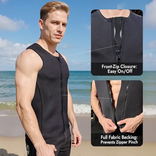 Men's 3mm Neoprene Wetsuit Vest with Front Zipper - Black, Large
