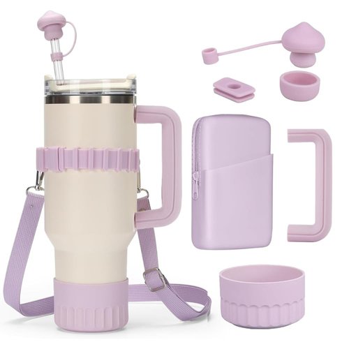 pixideit Accessories for Purple Stanley Cup, Water Bottle Phone Holder, Cup Carrying Strap, Silicone Handle Protector, Tumbler Cup Pouch Bag, Silicone Boot and Straw Cap Cover Set for Stanley