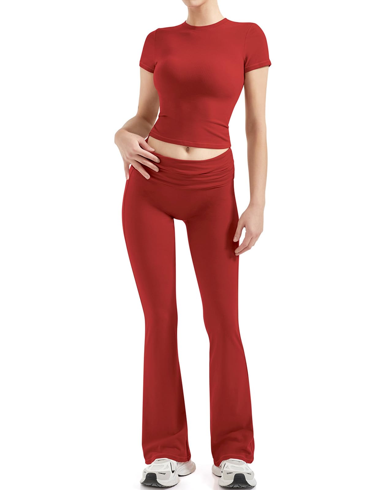 SUUKSESS Women 2 Piece Lounge Sets Going Out Y2K Foldover Pants Crew Neck Fitted Shirts Matching Pajamas (Red, S)