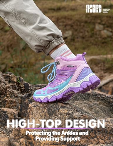Kids Waterproof Hiking Boots - Purple, Anti-Slip Sole, Ankle Support, Size 5 Big Kid