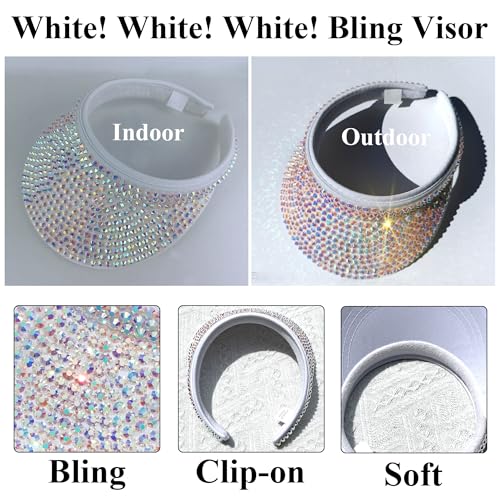 Sun Visors Hats Women & Men Rhinestones Clip-On Adjustable Beach Cap - White 6 3/4-7 1/4