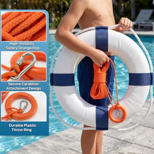 White-Blue 20 Inch Life Preserver Ring with 98.4ft Floating Rope - Pool & Boat Safety Float - Throwable Lifebuoy Set