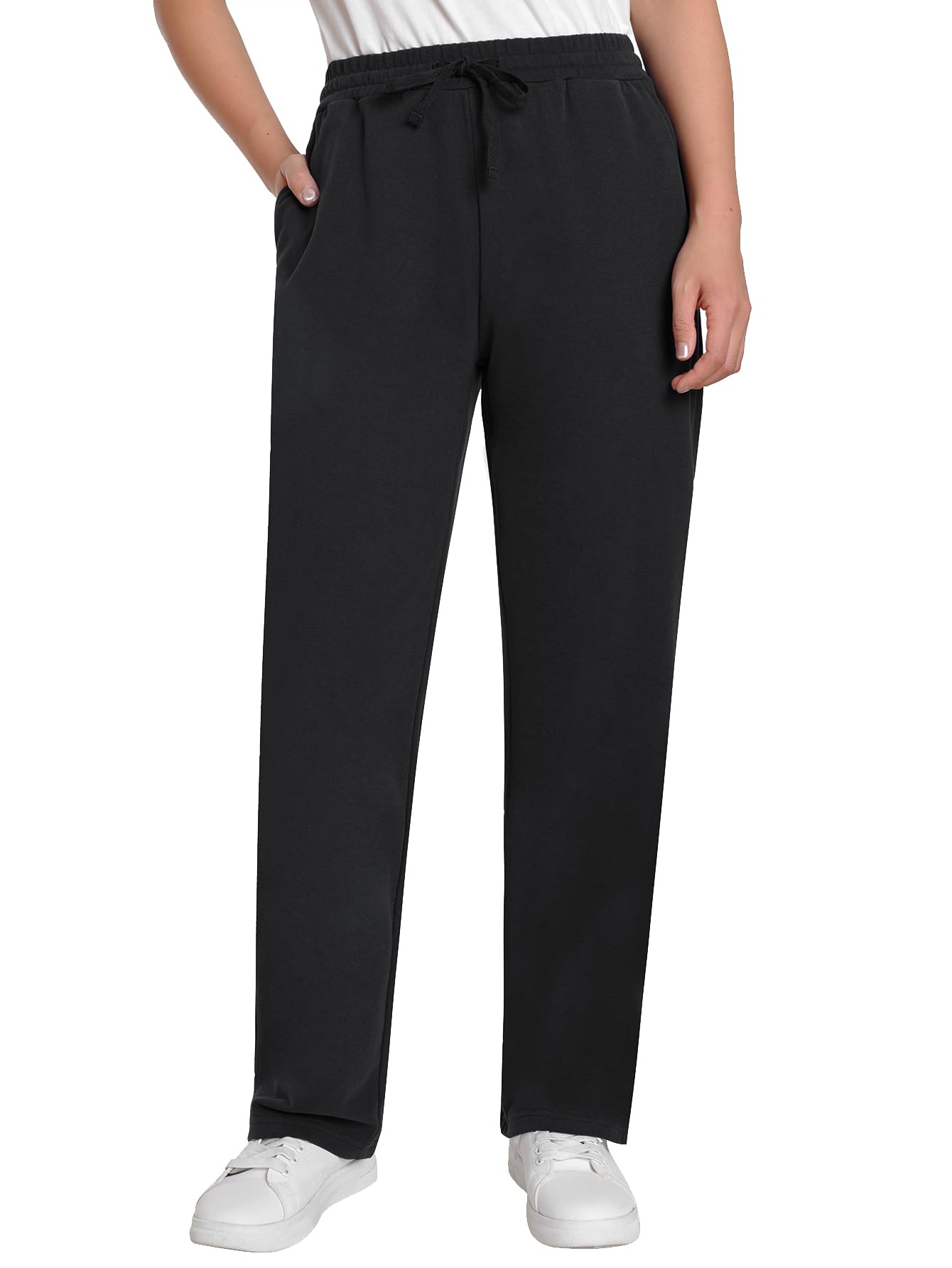 Weintee Women's Straight Leg Sweatpants Cotton Pants with Pockets M Black